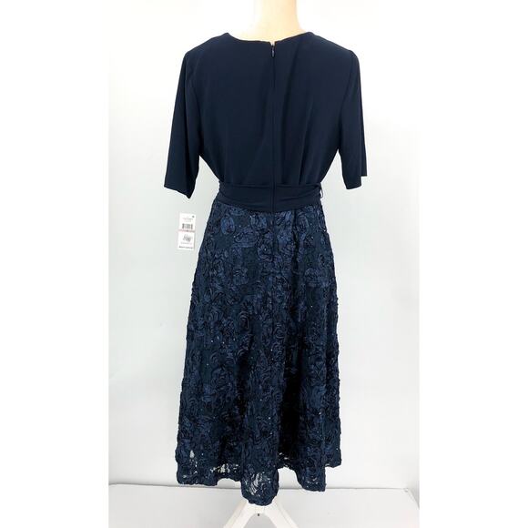 ALEX EVENINGS Tea-Length Soutache Dress 12 PETITE Navy Blue Tie Belt NWT - Picture 5 of 10